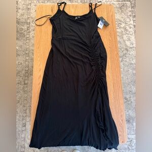 Volcom “Had Me At Aloha” Black Ruched Midi Dress Size L (10) New With Tags